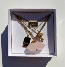 Rose quartz necklace with gold angel number and affirmation necklaces