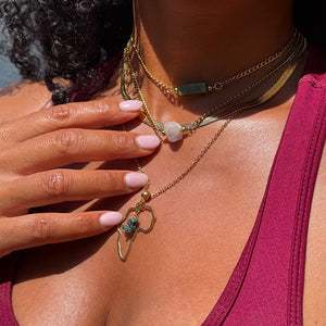 Close up of gold crystal necklaces